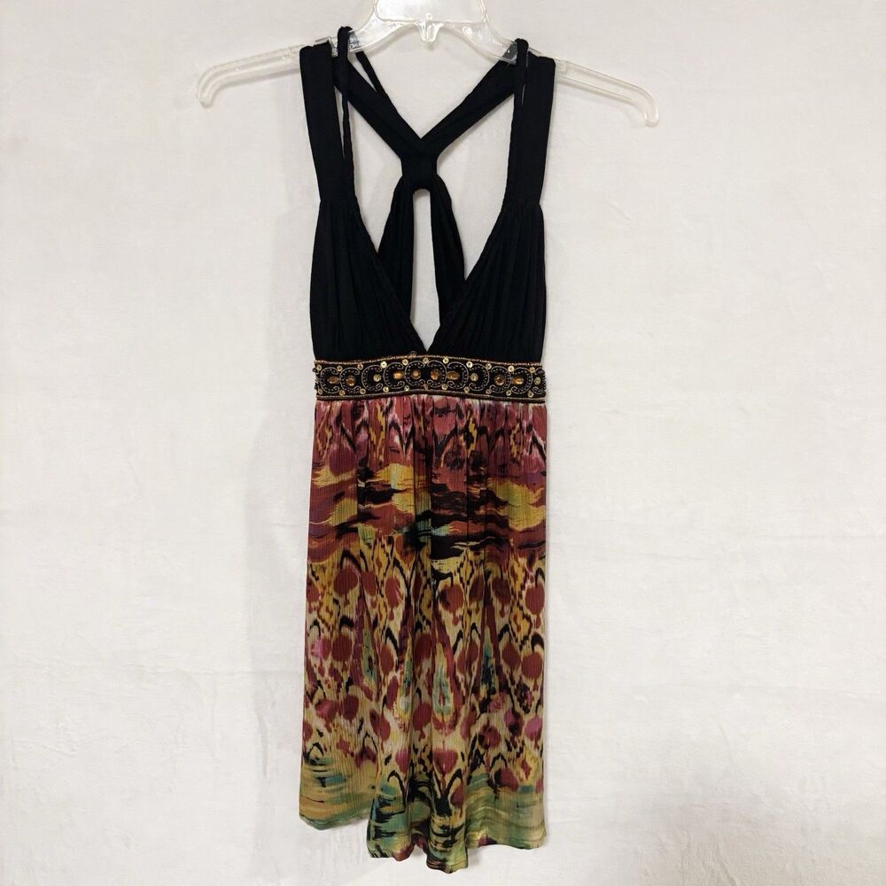 ARDEN B Dress SM Black Knit Bodice Silk Skirt Beaded Waist Ikat Style Boho